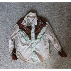 Children's 70s Western Shirt Pearl Snap Cowboy Horse Rodeo Brown Green Size 6
